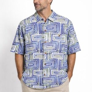 Tommy Bahama Silk Camp Shirt Large Original‎ Fit Blue Green Geometric Print